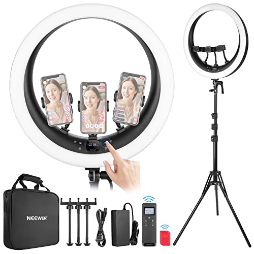 NEEWER 19 inch Ring Light with Stand and 3 Phone Holders, Upgraded 2.4G Control Smooth Dimming at 1%, LCD and Touch Control, CRI 97+ 3000lux, for Streaming Home Office Zoom Call Lighting - RP18H