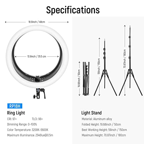 NEEWER 19 inch Ring Light with Stand and 3 Phone Holders, Upgraded 2.4G Control Smooth Dimming at 1%, LCD and Touch Control, CRI 97+ 3000lux, for Streaming Home Office Zoom Call Lighting - RP18H