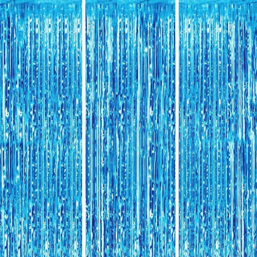 3 Packs 3.2ft x 6.6ft Light Blue Metallic Tinsel Foil Fringe Curtains Photo Booth Props for Birthday Wedding Engagement Bridal Shower Baby Shower Bachelorette Holiday Celebration Party Decorations