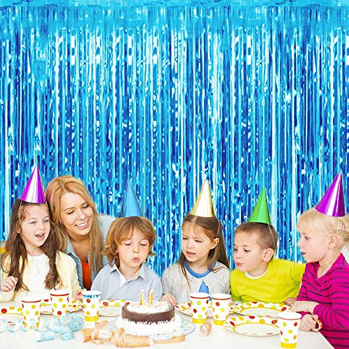 3 Packs 3.2ft x 6.6ft Light Blue Metallic Tinsel Foil Fringe Curtains Photo Booth Props for Birthday Wedding Engagement Bridal Shower Baby Shower Bachelorette Holiday Celebration Party Decorations
