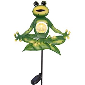 TERESA'S COLLECTIONS 35 inch Meditation Yoga Frog Garden Solar Stake Lights for Outdoor Decor, Decorative Metal Green Happy Zen Frog for Outside Patio Lawn Yard Decoration