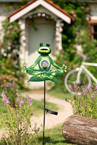 TERESA'S COLLECTIONS 35 inch Meditation Yoga Frog Garden Solar Stake Lights for Outdoor Decor, Decorative Metal Green Happy Zen Frog for Outside Patio Lawn Yard Decoration