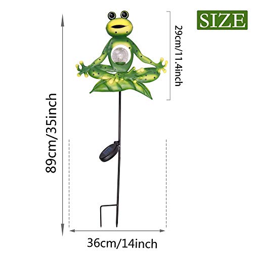 TERESA'S COLLECTIONS 35 inch Meditation Yoga Frog Garden Solar Stake Lights for Outdoor Decor, Decorative Metal Green Happy Zen Frog for Outside Patio Lawn Yard Decoration