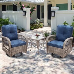 joyside patio bistro set – 3-piece patio wicker swivel rocking chair set, outdoor patio furniture chair with side coffee table & durable fabric cushion(brown/blue)