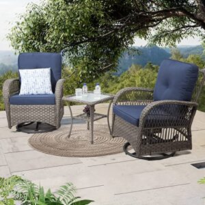 Joyside Patio Bistro Set - 3-Piece Patio Wicker Swivel Rocking Chair Set, Outdoor Patio Furniture Chair with Side Coffee Table & Durable Fabric Cushion(Brown/Blue)