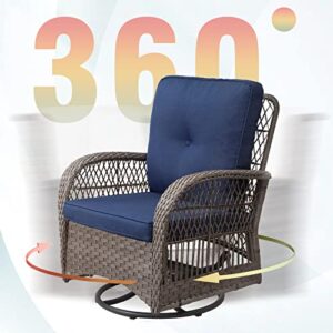 Joyside Patio Bistro Set - 3-Piece Patio Wicker Swivel Rocking Chair Set, Outdoor Patio Furniture Chair with Side Coffee Table & Durable Fabric Cushion(Brown/Blue)