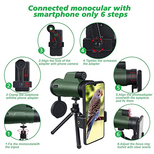 12x50 Monocular Telescope for Adults with Smartphone Adapter Tripod Hand Strap, Lightweight High Power BAK-4 Prism & FMC Lens Monoculars for Bird Watching Hunting Camping Hiking Travel Scenery