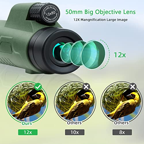 12x50 Monocular Telescope for Adults with Smartphone Adapter Tripod Hand Strap, Lightweight High Power BAK-4 Prism & FMC Lens Monoculars for Bird Watching Hunting Camping Hiking Travel Scenery