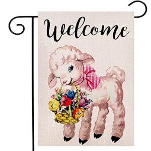 ogiselestyle welcome lamb garden flag vertical double sided, spring lamb floral yard outdoor decoration 12.5 x 18 inch