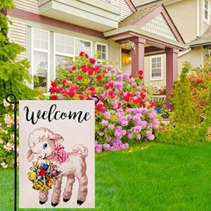 Ogiselestyle Welcome Lamb Garden Flag Vertical Double Sided, Spring Lamb Floral Yard Outdoor Decoration 12.5 x 18 Inch