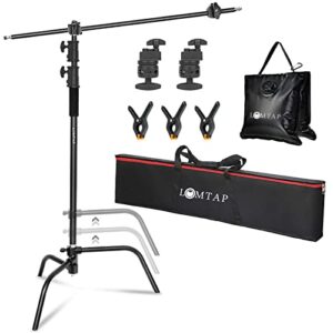 lomtap c stand light stand photography kit – heavy duty 10.8ft/330cm vertical pole, 4.2ft/128cm boom arm, upgraded adjustable base, water sandbag, 2 grip heads, 3 clips – century stand for softbox