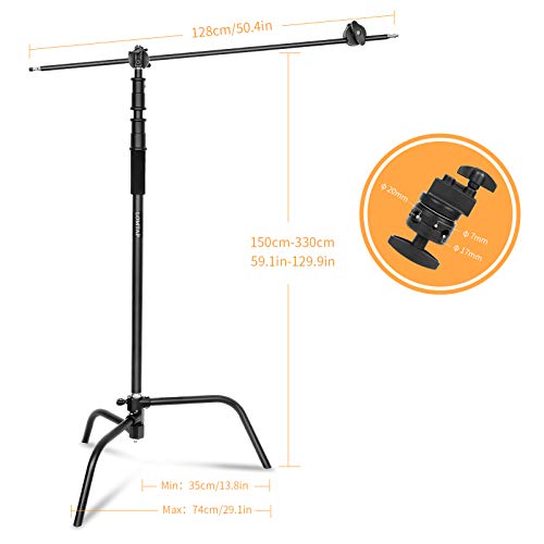 LOMTAP C Stand Light Stand Photography Kit - Heavy Duty 10.8ft/330cm Vertical Pole, 4.2ft/128cm Boom Arm, Upgraded Adjustable Base, Water Sandbag, 2 Grip Heads, 3 Clips - Century Stand for Softbox