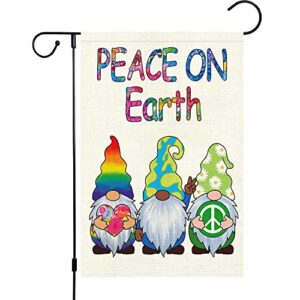 Heyfibro Gnomes Peace Garden Flag Peace On Earth Garden Flags 12x18 Inch Double Sided Burlap Messenger of Peace Flags for Holiday Spring Seasonal Outdoor Decoration(ONLY FLAG)