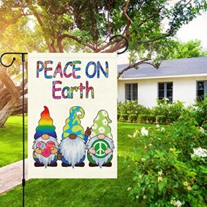 Heyfibro Gnomes Peace Garden Flag Peace On Earth Garden Flags 12x18 Inch Double Sided Burlap Messenger of Peace Flags for Holiday Spring Seasonal Outdoor Decoration(ONLY FLAG)