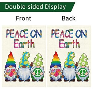 Heyfibro Gnomes Peace Garden Flag Peace On Earth Garden Flags 12x18 Inch Double Sided Burlap Messenger of Peace Flags for Holiday Spring Seasonal Outdoor Decoration(ONLY FLAG)