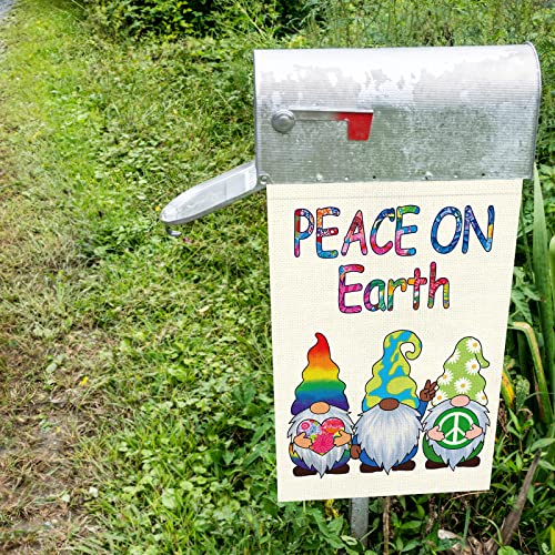 Heyfibro Gnomes Peace Garden Flag Peace On Earth Garden Flags 12x18 Inch Double Sided Burlap Messenger of Peace Flags for Holiday Spring Seasonal Outdoor Decoration(ONLY FLAG)