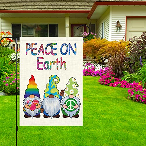 Heyfibro Gnomes Peace Garden Flag Peace On Earth Garden Flags 12x18 Inch Double Sided Burlap Messenger of Peace Flags for Holiday Spring Seasonal Outdoor Decoration(ONLY FLAG)