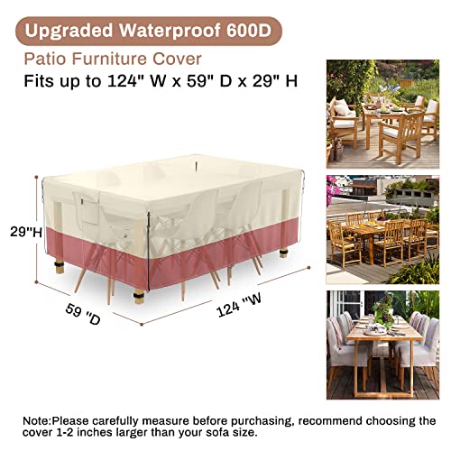 Patio Furniture Covers, Outdoor Furniture Cover Waterproof, U-COMSO Heavy Duty Outside Table and Chair Covers (124" W x 59" D x 29" H, Beige & Orange)