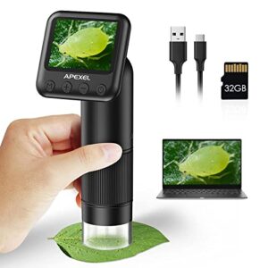 apexel handheld digital microscope with 2” lcd screen, 800x pocket portable microscope for kids with adjustable lights coins electronic magnifier camera, usb to pc including sd card