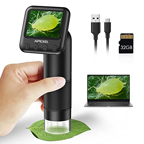 APEXEL Handheld Digital Microscope with 2” LCD Screen, 800X Pocket Portable Microscope for Kids with Adjustable Lights Coins Electronic Magnifier Camera, USB to PC Including SD Card