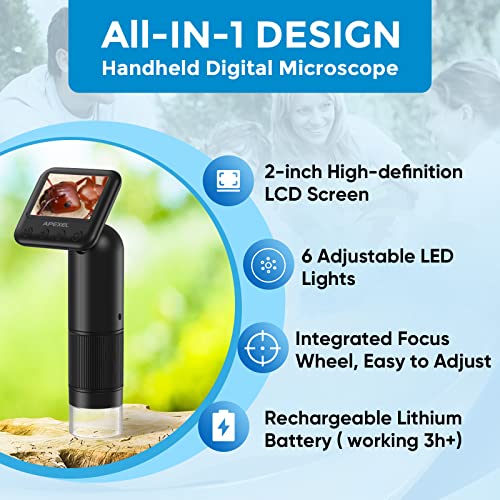 APEXEL Handheld Digital Microscope with 2” LCD Screen, 800X Pocket Portable Microscope for Kids with Adjustable Lights Coins Electronic Magnifier Camera, USB to PC Including SD Card