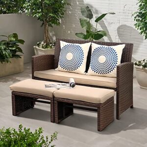 oc orange-casual outdoor loveseat 3 piece patio furniture set outdoor conversation set all-weather wicker love seat with ottoman/side table, brown rattan, beige cushion