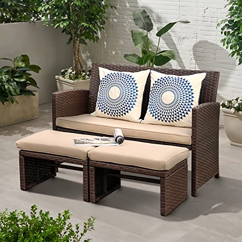 OC Orange-Casual Outdoor Loveseat 3 Piece Patio Furniture Set Outdoor Conversation Set All-Weather Wicker Love Seat with Ottoman/Side Table, Brown Rattan, Beige Cushion