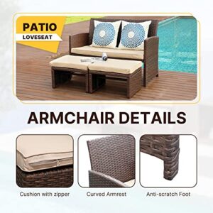 OC Orange-Casual Outdoor Loveseat 3 Piece Patio Furniture Set Outdoor Conversation Set All-Weather Wicker Love Seat with Ottoman/Side Table, Brown Rattan, Beige Cushion