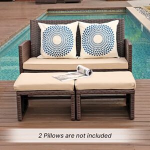OC Orange-Casual Outdoor Loveseat 3 Piece Patio Furniture Set Outdoor Conversation Set All-Weather Wicker Love Seat with Ottoman/Side Table, Brown Rattan, Beige Cushion