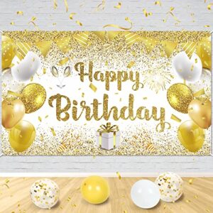gold white birthday party decorations banner, gold and white happy birthday backdrop banner, large gold white birthday banner photography background party decoration for women men girls 70.8×43.3inch