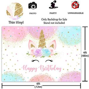 Mocsicka Rainbow Unicorn Backdrop Happy Birthday Party Decorations for Girls Watercolor Floral Glitter Stars Dots UnicornCake Table Banner Supplies Studio Props (6x4ft)