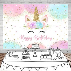 Mocsicka Rainbow Unicorn Backdrop Happy Birthday Party Decorations for Girls Watercolor Floral Glitter Stars Dots UnicornCake Table Banner Supplies Studio Props (6x4ft)