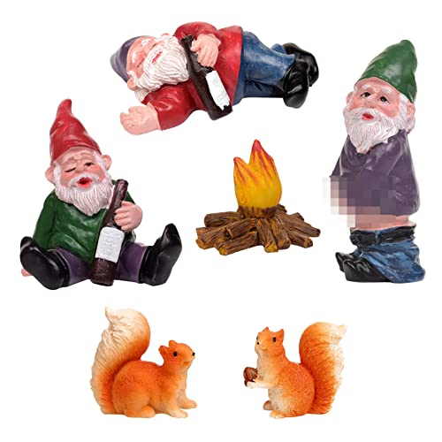 Miniature Garden Figurines Set Cute Drunk Dwarf Garden Gnomes Kit Fairy Resin Statues Decorations with 2 Squirrels