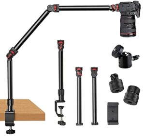 dimotliyor overhead camera mount desk stand, 3-section flexible detachable articulating arm with 1/4“ 3/8″ 5/8″ screw&360° ball head, c-clamp tabletop mount for dslr camera/webcam/microphone/lights