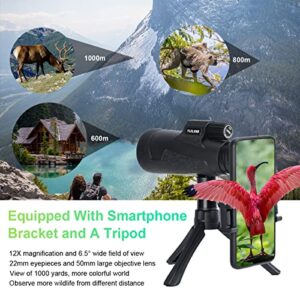 Monocular Telescope 12X50 Waterproof Telescope, High Definition BAK4 Prism, Adults Compact Monocular with Phone Holder and Metal Tripod for High Definition Bird Watching Hunting Hiking Camping