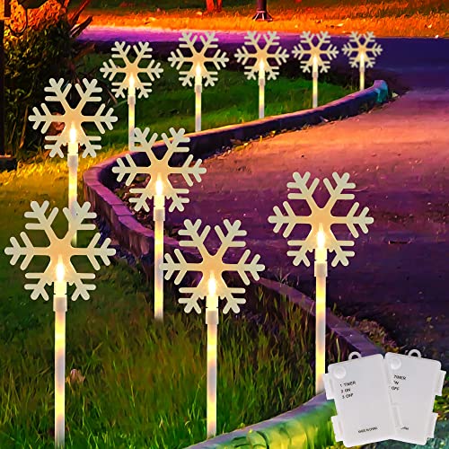 WATERGLIDE 10 Pcs Christmas Snowflake Pathway Stake Lights, 2 Pack x 5 Lighted Snowflakes Pathway Marker, Battery Operated with Timer Holiday Decorative Lights for Walkway Garden Xmas Winter