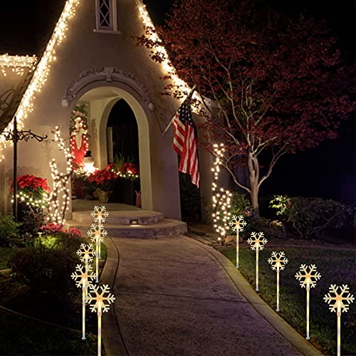 WATERGLIDE 10 Pcs Christmas Snowflake Pathway Stake Lights, 2 Pack x 5 Lighted Snowflakes Pathway Marker, Battery Operated with Timer Holiday Decorative Lights for Walkway Garden Xmas Winter