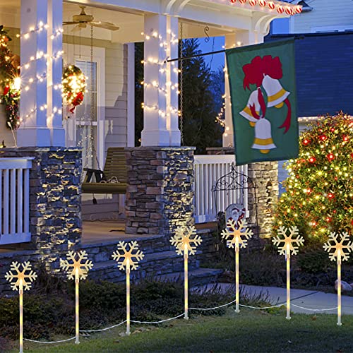 WATERGLIDE 10 Pcs Christmas Snowflake Pathway Stake Lights, 2 Pack x 5 Lighted Snowflakes Pathway Marker, Battery Operated with Timer Holiday Decorative Lights for Walkway Garden Xmas Winter