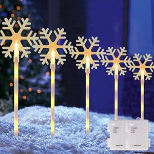 WATERGLIDE 10 Pcs Christmas Snowflake Pathway Stake Lights, 2 Pack x 5 Lighted Snowflakes Pathway Marker, Battery Operated with Timer Holiday Decorative Lights for Walkway Garden Xmas Winter