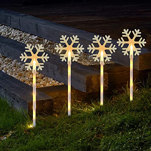 WATERGLIDE 10 Pcs Christmas Snowflake Pathway Stake Lights, 2 Pack x 5 Lighted Snowflakes Pathway Marker, Battery Operated with Timer Holiday Decorative Lights for Walkway Garden Xmas Winter