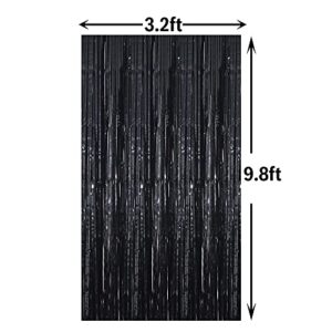GOER 3.2 ft x 9.8 ft Metallic Tinsel Foil Fringe Curtains Party Photo Backdrop Party Streamers for Halloween,Birthday,Graduation,New Year Eve Decorations Wedding Decor (3 Packs,Black)