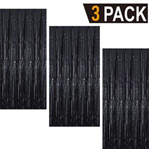 GOER 3.2 ft x 9.8 ft Metallic Tinsel Foil Fringe Curtains Party Photo Backdrop Party Streamers for Halloween,Birthday,Graduation,New Year Eve Decorations Wedding Decor (3 Packs,Black)