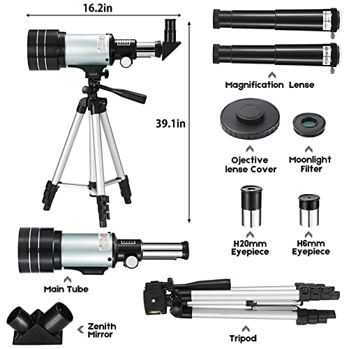 Telescope for Beginners and Kids with Tripod Moon Filter,Adult Professional 70mm Aperture 300mm Refracting Telescopes,Astronomy Gifts for Kids - Travel Telescope