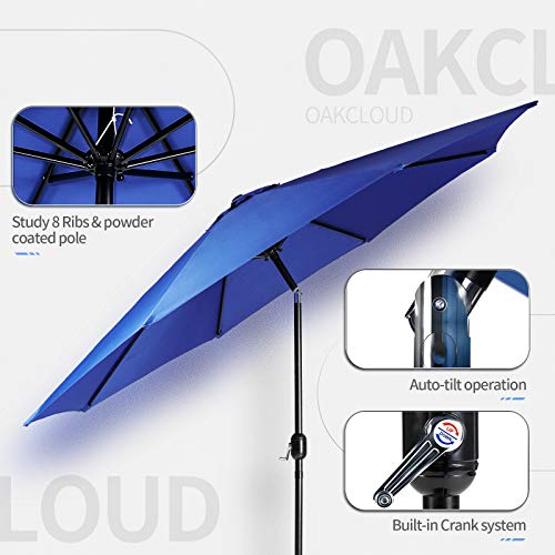Oakcloud 9' Patio Pool Umbrella, 95% UV Protection Outdoor Table Market Umbrella with Push Button Tilt Adjustment/Crank, 8 Sturdy Ribs for Outside Yard Garden(Dark Blue)