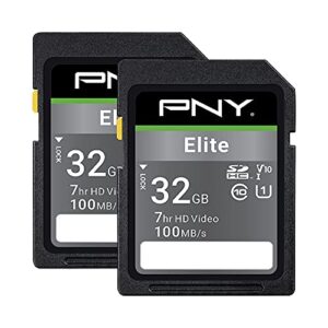 pny 32gb elite class 10 u1 v10 sdhc flash memory card 2-pack – 100mb/s, class 10, u1, v10, full hd, uhs-i, full size sd
