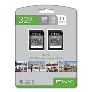 PNY 32GB Elite Class 10 U1 V10 SDHC Flash Memory Card 2-Pack - 100MB/s, Class 10, U1, V10, Full HD, UHS-I, Full Size SD