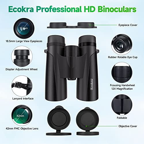12x42 HD Binoculars for Adults & Kids,Super Bright High Power Binoculars with Large view,Clear Low Light Night Vision,BAK4,FMC Prisms,Waterproof Compact Binoculars for Hunting,Bird Watching,Stargazing