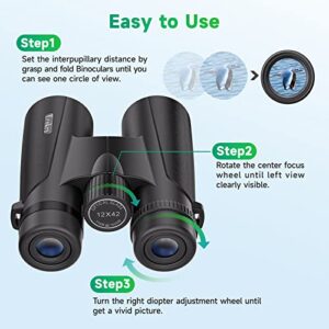 12x42 HD Binoculars for Adults & Kids,Super Bright High Power Binoculars with Large view,Clear Low Light Night Vision,BAK4,FMC Prisms,Waterproof Compact Binoculars for Hunting,Bird Watching,Stargazing