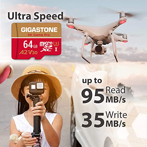 [5-Yrs Free Data Recovery] Gigastone 64GB 2-Pack Micro SD Card, 4K Game Pro, MicroSDXC Memory Card for Nintendo-Switch, GoPro, Security Camera, DJI, UHD Video, R/W up to 95/35MB/s, UHS-I U3 A2 V30 C10