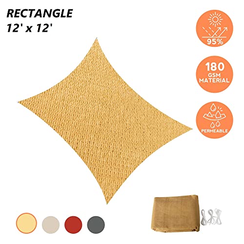 ASTEROUTDOOR 12' x 12' Rectangle Sun Shade Sail UV Block Canopy Cover for Outdoor Patio Backyard Lawn Garden, Sand